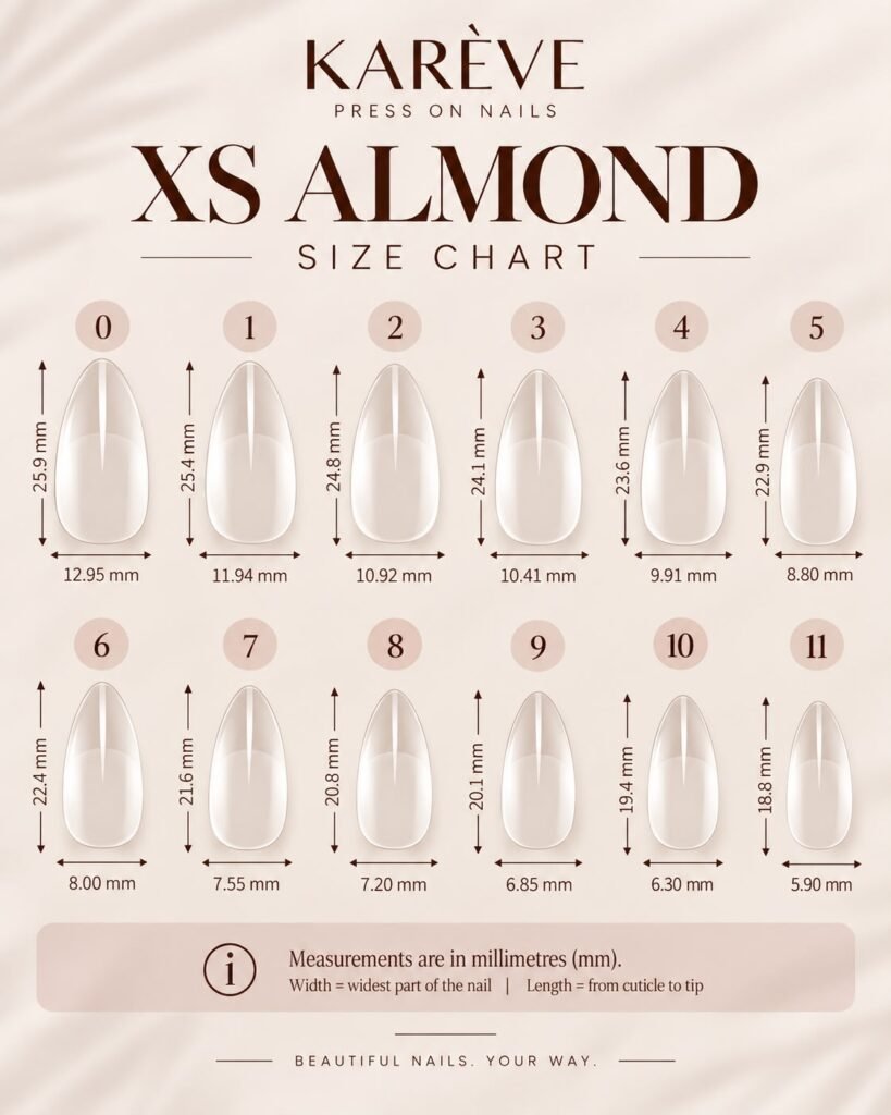 Extra Short Almond sizing chart